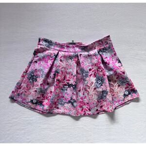 Pink Floral Print Pleated Skater Skirt